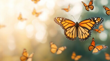 A serene scene of multiple butterflies fluttering in a sunlit environment, showcasing their vibrant orange and black wings.
