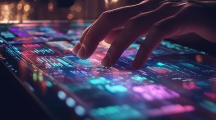 Engineers hand interacting with a futuristic transparent touchscreen, navigating vibrant data visualizations in a dark environment with bokeh lights, highlighting advanced technology