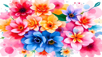 Fototapeta premium Vibrant watercolor floral illustration with pink, orange, blue, and purple blooms Generative AI