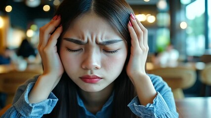 At a brightly lit café, a young woman blocks her ears with her hands, visibly uncomfortable with the energetic background noise and movement.