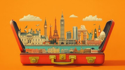 Open suitcase overflowing with iconic landmarks from around the world.  A vibrant collage of travel dreams.