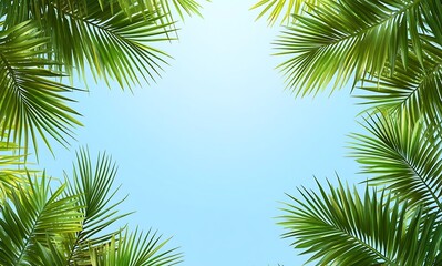 Fototapeta premium Light blue summer background with palm leaves, empty space for product presentation