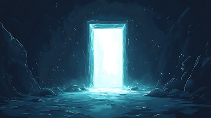 A glowing doorway in a dark cave, suggesting mystery and exploration.