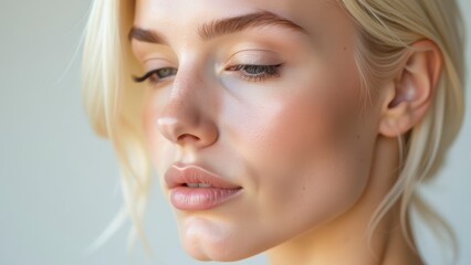 Fototapeta premium Beautiful blonde woman showing perfect skin and makeup