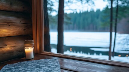 Cabin Winter Window View - Cozy cabin, lit candle, winter lake view, snow, serenity. Symbolism: warmth, peace, nature, escape, tranquility.