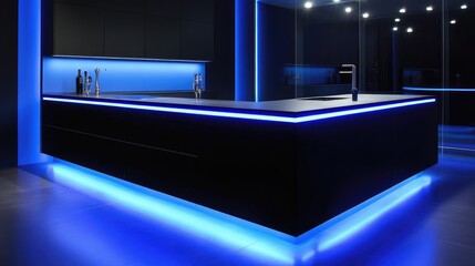 Modern kitchen island with blue LED lighting.