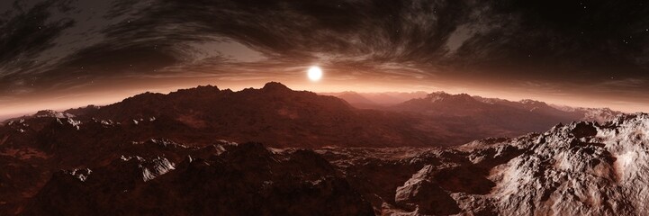 Mars from orbit, panorama of Mars, Marsim landscape, sunrise over Mars, 3D rendering