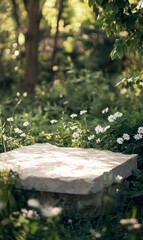 Obraz premium A polished stone slab podium in a tranquil garden, surrounded by dense greenery, small white flowers, and soft natural light