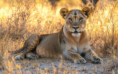 Naklejka premium A majestic African lion resting under the golden light of the savannah sunset, surrounded by tall dry grass