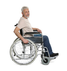 Senior man in wheelchair on white background