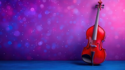 A vibrant red violin stands against a colorful purple and pink background, creating an artistic and lively atmosphere.