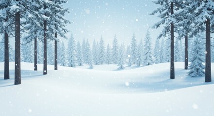 Winter wonderland background, snow with trees and snowflakes, snowing blue sky,  cold air december, january