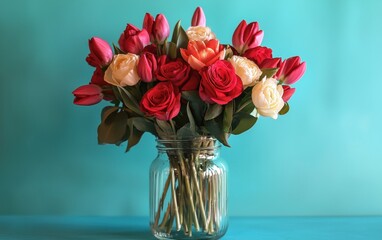 Fototapeta premium A minimalist arrangement of roses and tulips in a clear glass jar on a vibrant teal background for valentines day