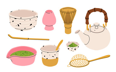 Japanese traditional tea ceremony icons set, including green matcha powder, tools, whisk, bowl, spoon, and teapot. Flat cartoon vector illustration