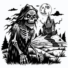 Fototapeta premium Haunted Skeleton and Spooky House Under Full Moon Eerie Gothic Scene