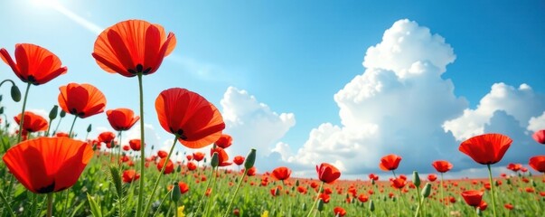 Colorful red poppies sway gently in the summer breeze, against a bright blue sky with fluffy white clouds, nature scene, summer meadow, colorful blooms