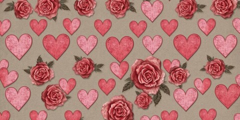 Distressed heart pattern, faded roses, grunge texture, red, faded, love