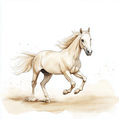 Obraz premium Illustration of the Mustang horse running towards through prairie, soft watercolor tones, white background, detailed illustration, cartoonish.