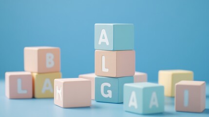 A set of wooden alphabet blocks in soft pastel colors stacked neatly on a surface