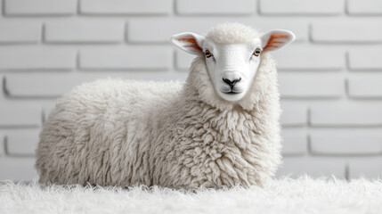 Obraz premium Fluffy sheep grazing peacefully on soft surface against white background, exuding calm and serene atmosphere