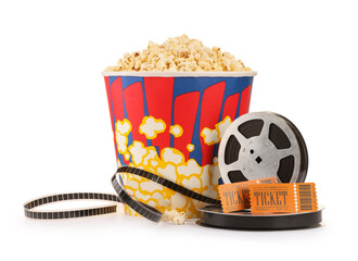 Tasty popcorn, film reels and movie tickets isolated on white