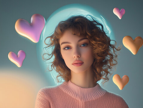 Young beautiful girl looking like a model in the city center, in front of a pastel wall background in a love rozon sweater with a huge heart shaped balloon. Illustration. Generative AI