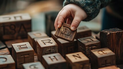 A childâ€™s hand picking up a letter from a wooden A-Z alphabet block set