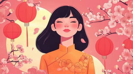 Serene young woman in traditional dress against a backdrop of pink blossoms and lanterns, symbolizing peace, beauty, and cultural heritage in a vibrant illustration.