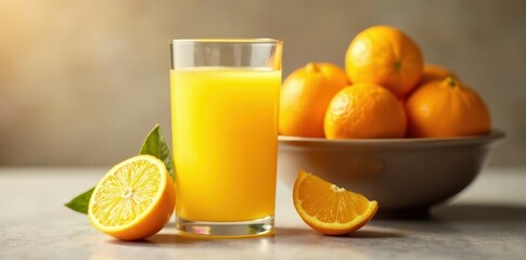 Glass of fresh orange juice beside a bowl of ripe oranges , fresh, orange