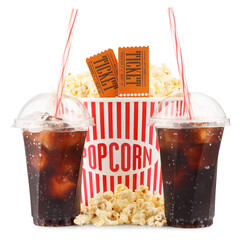 Tasty popcorn, drinks and movie tickets isolated on white