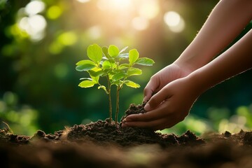 Fototapeta premium Hands Gently Planting a Young Green Sapling in Dark Rich Soil Under Soft Sunlight in an Enchanting Natural Environment