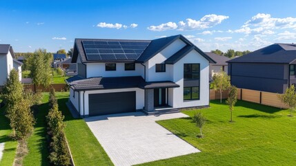 Modern two-story house with solar panels on the roof, driveway, and green lawn.