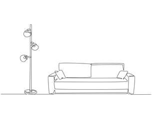 Continuous one line drawing of sofa with floor lamp. One line drawing illustration of sofa with lampshade. Interior room, decoration concept line art. Editable outline