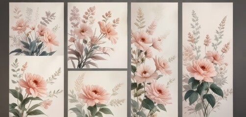 Set of painted floral posters, soft hues, delicate details, pretty, aesthetic
