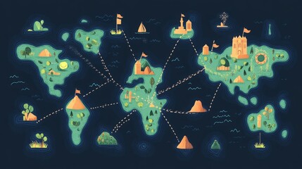 Whimsical world map illustration with interconnected islands, featuring various landmarks and a playful, adventurous aesthetic.