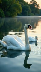 Fototapeta premium Two elegant white swans glide on calm lake water, reflecting sunlight , animal, surface
