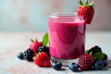 Vibrant red berry smoothie, blackberries visible, studio, closeup