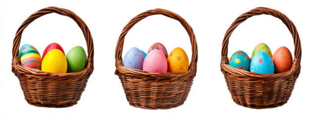  Easter basket with colorful painted eggs, isolated on a transparent background. PNG 