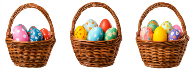 Easter basket with colorful painted eggs, isolated on a transparent background. PNG 