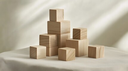 Obraz premium A creative arrangement of wooden blocks with simple words on a soft, neutral surface