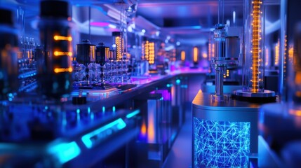 A neon blue room with a lot of lights and a lot of glass