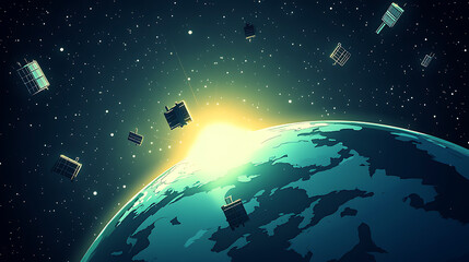 Fototapeta premium A vibrant illustration of Earth with satellites orbiting in space, highlighting technology and exploration.