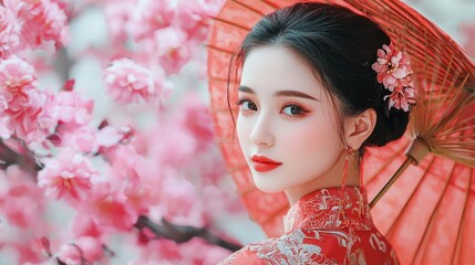 Elegant woman in traditional attire poses gracefully under cherry blossoms, wearing a vibrant red dress and holding a decorative parasol, radiating beauty and cultural heritage.