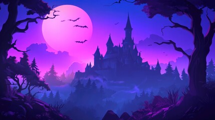 Silhouette of a fairytale castle on a hill at night under a pink moon with bats flying.