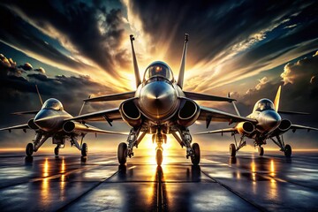 Fototapeta premium Macro Silhouettes of Four Military Jet Fighters, Detailed Metal & Wings