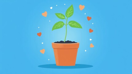 Obraz premium A small plant in a terracotta pot, surrounded by hearts. Growth, love, and care.