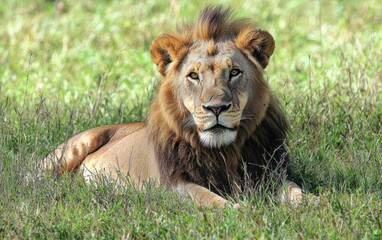 A proud male lion resting in the tall savannah grass under the afternoon sun