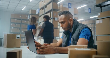 African American post office employee scans parcels with barcode scanner, enters data on laptop. Sorting center workers checking and carrying boxes for delivery to customers. Warehouse of online store