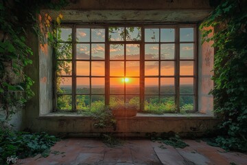 Abandoned Room with Overgrown Windows and Sunset View