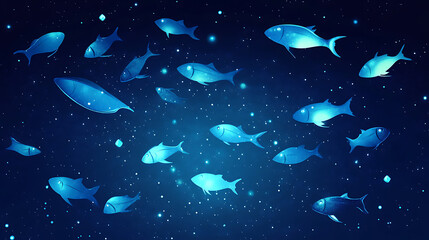 Obraz premium A serene underwater scene featuring various fish swimming in a starry blue background.